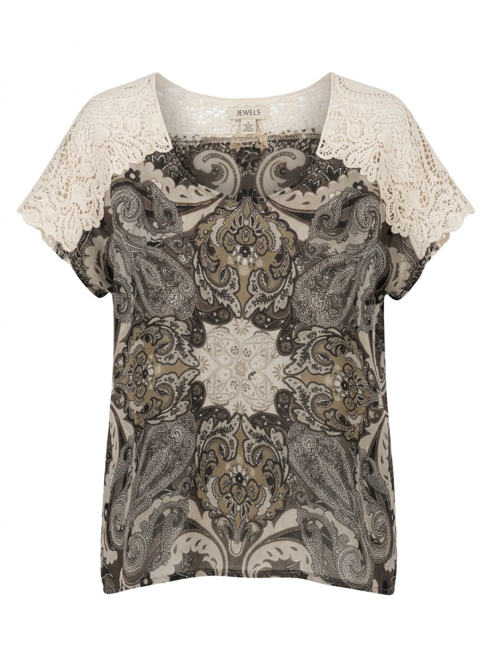ONE WORLD Neutral Paisley Lace Cap-Sleeve Blouse